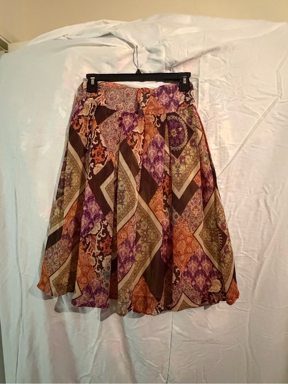 Boho Patchwork Print Midi Skirt in Purple and Brown